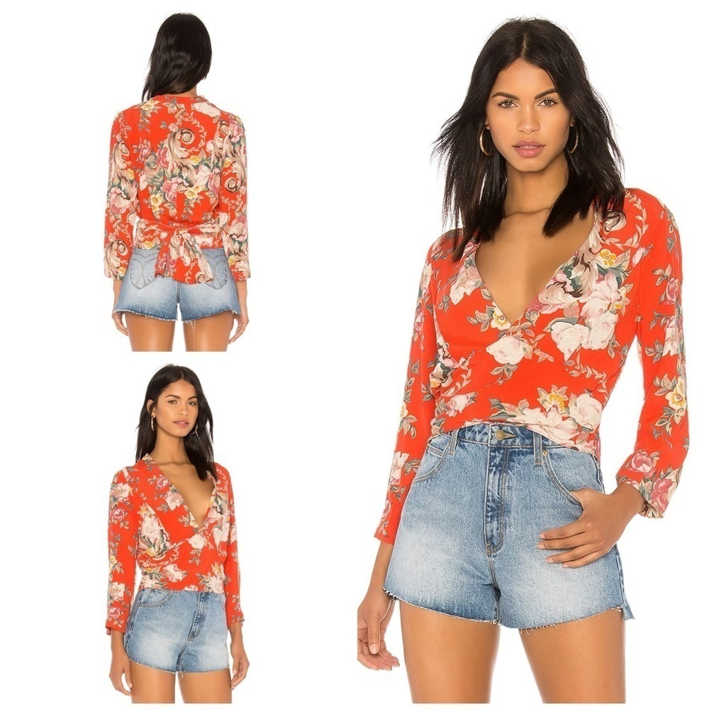ROLLA’S Orange Delilah Rococo Roses Wrap Cropped Blouse M​​​​​​